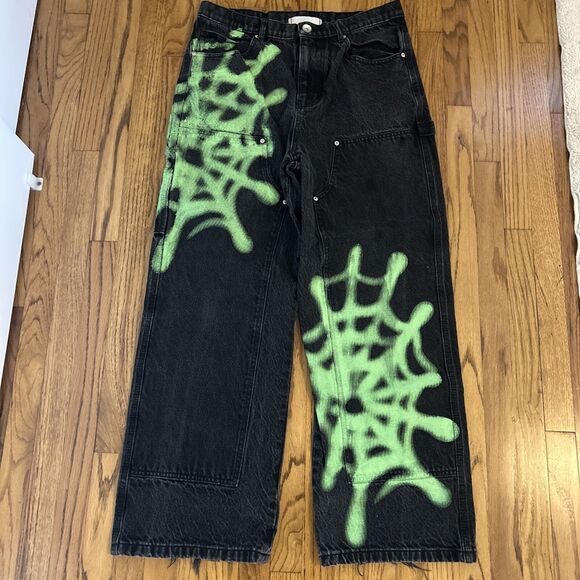 BDG Big Jack Workpant Fit Jean Sz. 32 Relaxed Fit Spider Web Black Neon Green - Picture 2 of 13